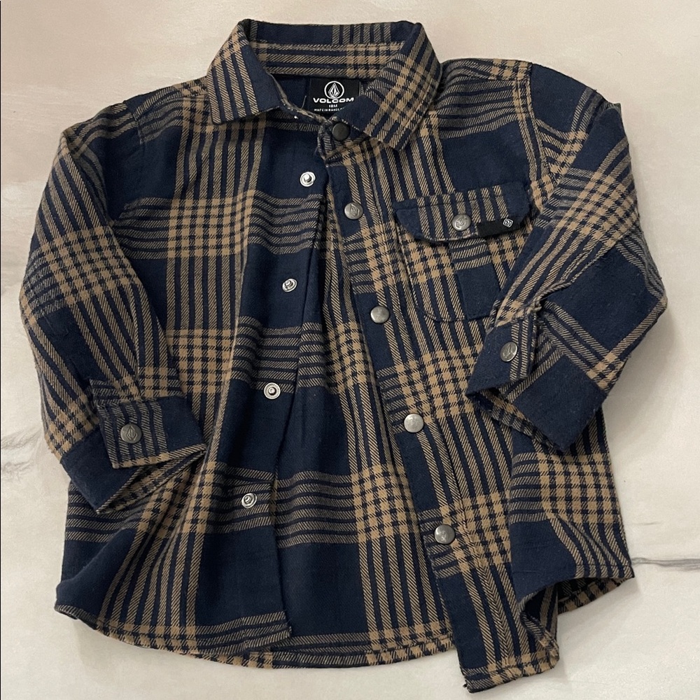 Volcom Boys Navy and Tan Plaid Button-Down Shirt